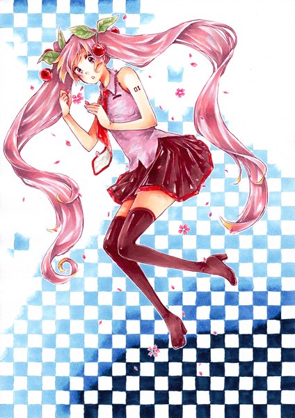 Anime picture 1392x1968 with vocaloid hatsune miku sakura miku kawana (spicaboy) single tall image twintails bare shoulders pink hair very long hair pink eyes looking down checkered weightlessness checkered background girl petals necktie food thigh boots