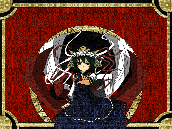Anime picture 1600x1200 with touhou shikieiki yamaxanadu green eyes green hair girl ribbon (ribbons) hat