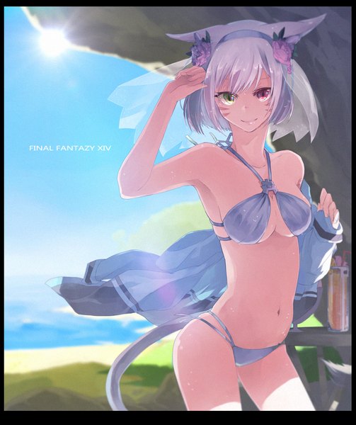 Anime picture 880x1050 with final fantasy final fantasy xiv square enix miqo'te lili mdoki single tall image looking at viewer blush fringe short hair breasts light erotic smile large breasts standing animal ears silver hair tail animal tail