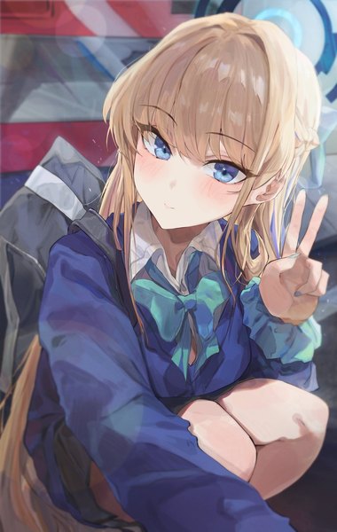 Anime picture 1297x2048 with blue archive toki (blue archive) blanc (whit blanc) single long hair tall image looking at viewer blush fringe blue eyes blonde hair hair between eyes victory squat wrist scrunchie girl uniform school uniform halo scrunchie