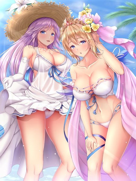Anime picture 960x1280 with granblue fantasy europa (granblue fantasy) gabriel (granblue fantasy) melopun long hair tall image looking at viewer blush fringe short hair breasts open mouth blue eyes light erotic blonde hair smile hair between eyes large breasts standing bare shoulders