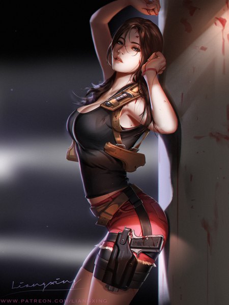 Anime picture 900x1200 with resident evil claire redfield liang xing single long hair tall image looking at viewer fringe breasts blue eyes light erotic hair between eyes brown hair standing signed cleavage parted lips arm up lips realistic