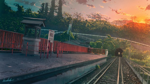 Anime picture 6000x3376 with original banishment highres wide image signed absurdres sky cloud (clouds) evening sunset no people plant (plants) tree (trees) building (buildings) fence railing shrine train station railways railroad tracks