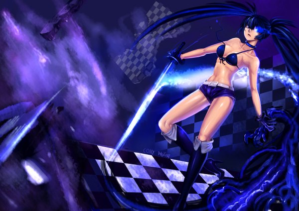 Anime picture 2480x1754 with black rock shooter black rock shooter (character) colly ablist single long hair fringe highres twintails looking away glowing glowing eye (eyes) girl gloves navel weapon sword shorts short shorts thigh boots bikini top