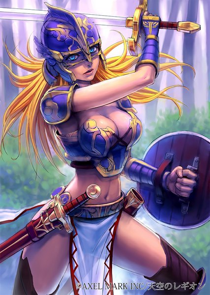 Anime picture 729x1024 with lotz (artist) single long hair tall image looking at viewer breasts blue eyes blonde hair holding cleavage bent knee (knees) lips midriff girl navel weapon sword boots armor knee boots