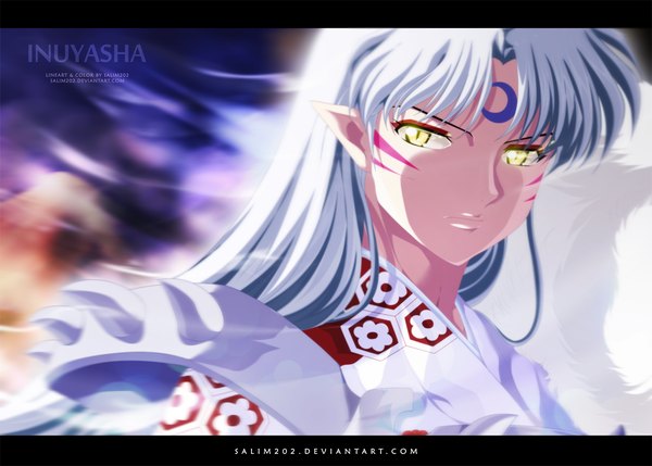 Anime picture 1200x858 with inuyasha sesshomaru salim202 single long hair yellow eyes silver hair traditional clothes japanese clothes inscription tattoo coloring facial mark boy kimono