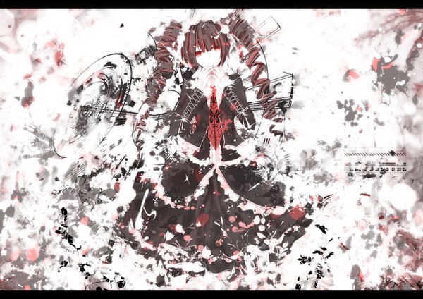 Anime picture 1754x1240 with dangan ronpa celestia ludenberg ruuya single long hair highres black hair red eyes twintails drill hair goth-loli curly hair girl dress necktie black dress