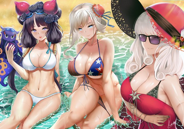 Anime picture 1500x1050 with fate (series) fate/grand order miyamoto musashi (fate) katsushika hokusai (fate/grand order) tokitarou (fate/grand order) miyamoto musashi (swimsuit berserker) (fate) katsushika hokusai (swimsuit saber) (fate) carmilla (fate) carmilla (swimsuit rider) (fate) piukute062 long hair looking at viewer blush fringe breasts blue eyes light erotic smile large breasts standing