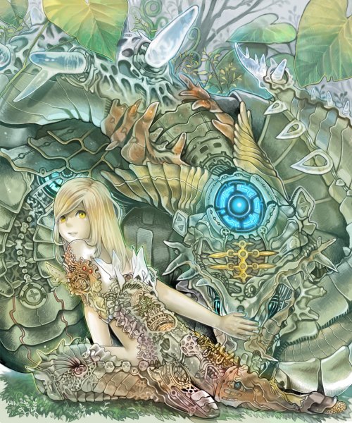 Anime picture 1000x1200 with original maki takaya long hair tall image blonde hair yellow eyes nail polish looking back mechanical girl plant (plants) armor dragon