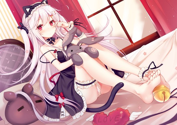 Anime picture 1414x1000 with niliu chahui tokisaki mio tagme (artist) single long hair looking at viewer blush fringe breasts light erotic hair between eyes red eyes sitting bare shoulders animal ears payot full body bent knee (knees) white hair indoors