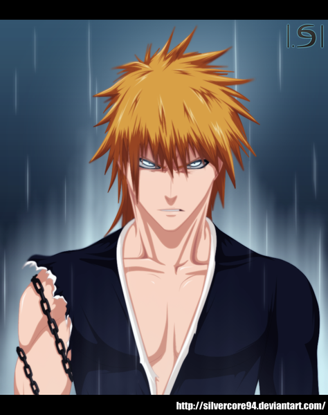 Anime picture 830x1050 with bleach studio pierrot kurosaki ichigo silvercore94 single tall image short hair traditional clothes japanese clothes orange hair grey eyes coloring torn clothes portrait muscle angry boy kimono chain