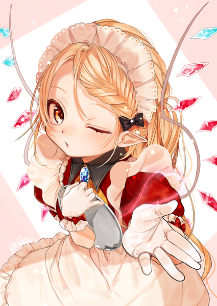 Anime picture 1253x1770 with touhou flandre scarlet gotoh510 single long hair tall image blonde hair red eyes signed braid (braids) one eye closed pointy ears wink maid blown kiss girl gloves uniform bow hair bow