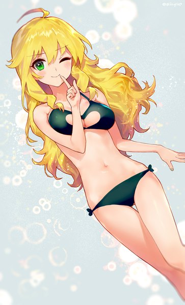 Anime picture 1000x1650 with idolmaster idolmaster (classic) hoshii miki ainy single long hair tall image looking at viewer blush fringe breasts light erotic blonde hair smile hair between eyes signed ahoge one eye closed wink finger to mouth