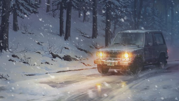 Anime picture 1280x720 with original dao dao wide image wind light snowing winter snow no people plant (plants) tree (trees) ground vehicle forest car road