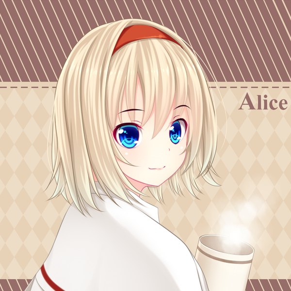 Anime picture 1200x1200 with touhou alice margatroid kiyomin single short hair blue eyes blonde hair smile looking back girl hairband mug