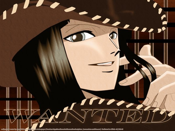 Anime picture 1600x1200 with one piece toei animation nico robin tagme (artist) single long hair looking at viewer open mouth black hair smile signed upper body fingernails close-up face brown background playing with hair hair twirling wanted girl