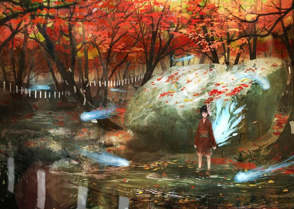 Anime picture 1468x1044 with original melonsoda single fringe short hair black hair red eyes standing ghost autumn girl plant (plants) tree (trees) water leaf (leaves) grass mask autumn leaves stone (stones) short kimono