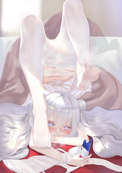 Anime picture 2865x4052 with azur lane le malin (azur lane) everfornever single long hair tall image looking at viewer blush fringe highres blue eyes light erotic hair between eyes holding payot full body ass white hair indoors nail polish