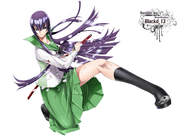 Anime picture 1600x1200 with highschool of the dead madhouse busujima saeko single blue eyes purple hair inscription transparent background girl uniform school uniform sword socks black socks blood