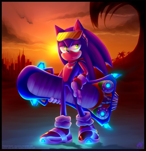 Anime picture 1280x1321 with sonic (series) sonic the hedgehog tall image standing green eyes looking away sky cloud (clouds) inscription shadow hand on hip glowing smirk twilight desert gloves plant (plants) animal tree (trees) white gloves