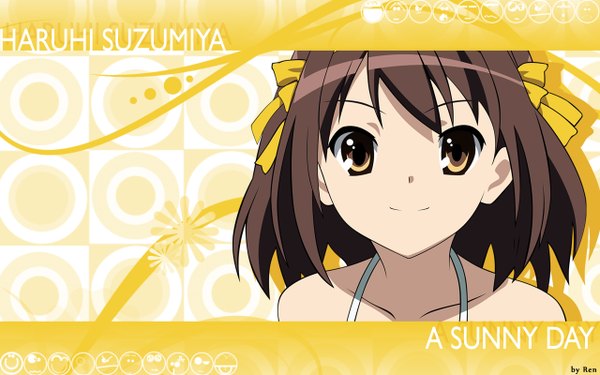 Anime picture 1280x800 with suzumiya haruhi no yuutsu kyoto animation suzumiya haruhi short hair brown hair wide image brown eyes girl ribbon (ribbons)