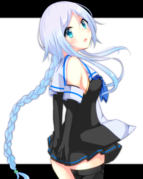 Anime picture 1000x1250 with kantai collection umikaze (kantai collection) kuro-ra single long hair tall image looking at viewer blush fringe open mouth blue eyes standing blue hair purple hair braid (braids) multicolored hair zettai ryouiki single braid gradient hair hands behind back