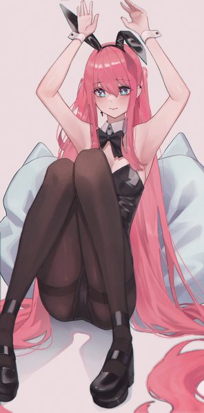 Anime picture 2965x6000 with original domi (hyaku8795) single tall image blush fringe highres breasts blue eyes light erotic simple background hair between eyes sitting animal ears looking away pink hair bent knee (knees) very long hair arms up armpit (armpits)