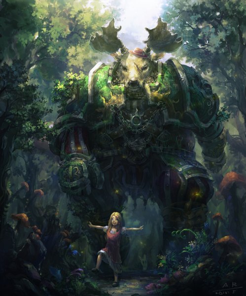 Anime picture 1200x1443 with original 001 (pixiv) long hair tall image blonde hair horn (horns) grey eyes nature girl plant (plants) tree (trees) armor chain sundress mushroom (mushrooms)