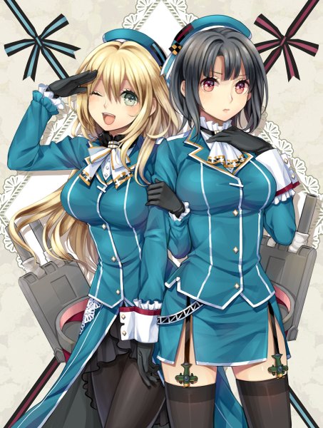Anime picture 907x1200 with kantai collection atago heavy cruiser takao heavy cruiser garaei aki tall image open mouth black hair blonde hair smile red eyes standing multiple girls green eyes salute girl thighhighs gloves uniform ribbon (ribbons) black thighhighs