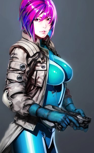 Anime picture 2000x3236 with ghost in the shell production i.g kusanagi motoko iwai ryo single tall image highres short hair breasts simple background purple eyes purple hair lips grey background huge breasts girl gloves weapon jacket gun