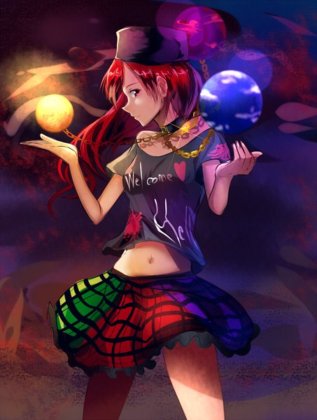 Anime picture 1400x1852 with touhou hecatia lapislazuli hizagawa rau single long hair tall image looking at viewer fringe smile red eyes standing red hair profile bare belly bare legs shadow midriff plaid skirt spread arms frilly skirt