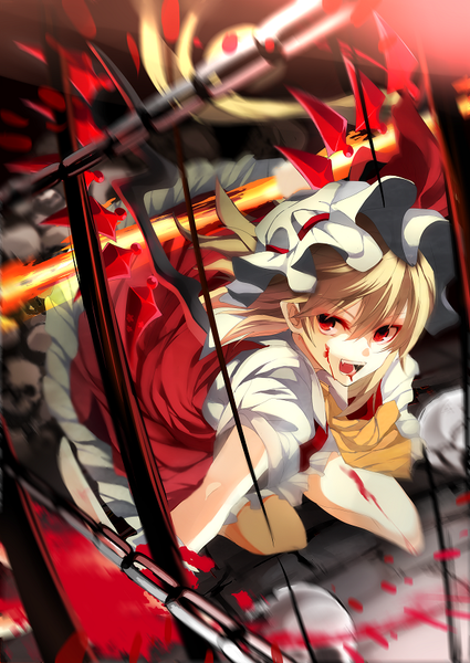 Anime picture 589x830 with touhou flandre scarlet yen (ibukinari) single tall image fringe short hair open mouth blonde hair hair between eyes red eyes looking away bent knee (knees) :d from above wind teeth fang (fangs) outstretched arm flying