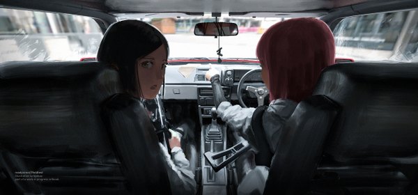 Anime picture 2480x1159 with original faiz azhar looking at viewer highres short hair open mouth black hair wide image sitting multiple girls holding red hair looking back from behind grey eyes outstretched arm reflection pointing car interior girl