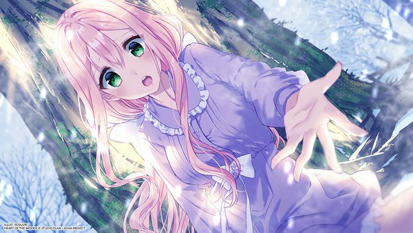 Anime picture 1200x677 with heart of the woods abigail rosuuri single long hair looking at viewer blush fringe hair between eyes wide image sitting green eyes payot pink hair outdoors wind blurry official art :o dutch angle