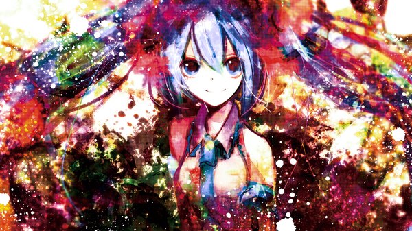 Anime picture 1920x1080 with vocaloid hatsune miku sazanami shione single long hair looking at viewer highres blue eyes smile wide image twintails bare shoulders blue hair abstract girl necktie vest