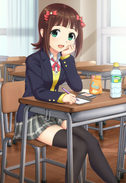 Anime picture 1001x1449 with idolmaster amami haruka nattsu (pegimin) single tall image blush short hair open mouth brown hair sitting green eyes girl thighhighs skirt uniform bow black thighhighs hair bow school uniform miniskirt