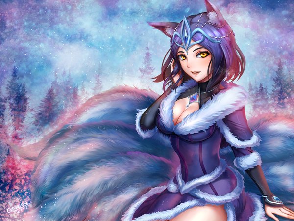 Anime-Bild 1920x1440 mit league of legends ahri (league of legends) chen qi (chanseven) single highres short hair breasts animal ears yellow eyes cleavage purple hair tail fox girl multiple tails girl hair ornament winter clothes