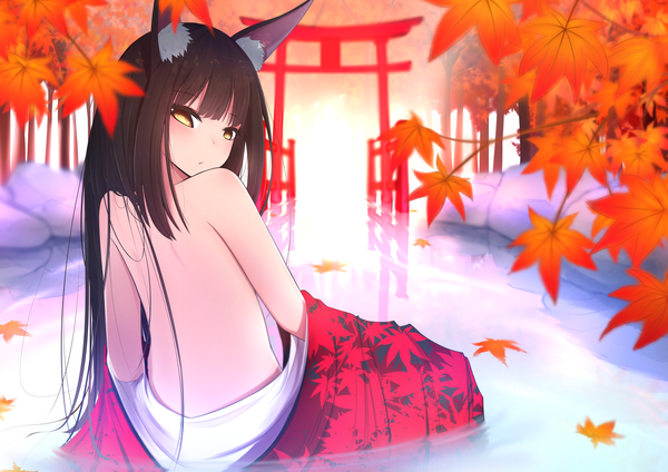 Anime picture 4961x3508 with azur lane nagato (azur lane) pom (artist) single long hair looking at viewer blush fringe highres light erotic brown hair sitting bare shoulders animal ears yellow eyes absurdres outdoors blunt bangs traditional clothes japanese clothes