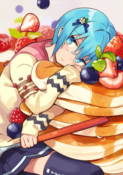 Anime picture 728x1032 with original ninomoto single tall image short hair blue eyes sitting blue hair looking away minigirl girl thighhighs skirt hair ornament miniskirt glasses food sweater berry (berries) strawberry