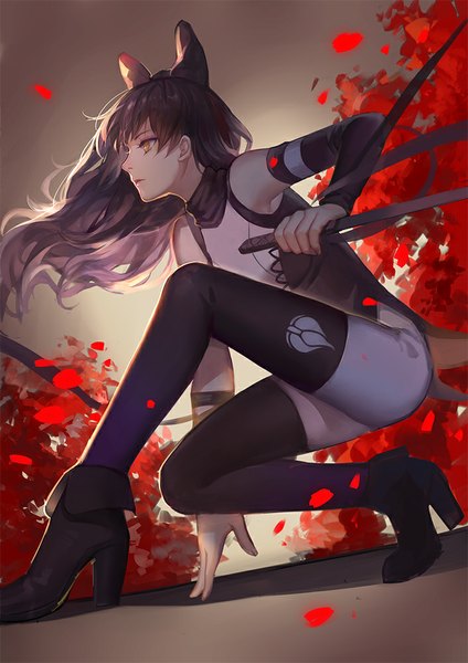 Anime picture 707x1000 with rwby rooster teeth blake belladonna ask (askzy) single long hair tall image blush black hair sitting bare shoulders yellow eyes looking away cleavage full body profile lips girl thighhighs hair ornament