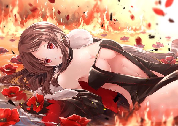 Anime picture 1500x1062 with fate (series) fate/grand order yu mei-ren (fate) iroha (shiki) single blush fringe breasts open mouth light erotic red eyes brown hair bare shoulders looking away lying very long hair blurry off shoulder on back depth of field