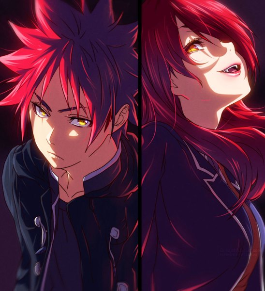 Anime picture 1370x1500 with shokugeki no soma j.c. staff yukihira souma kobayashi rindou ar-ua long hair tall image looking at viewer fringe short hair breasts yellow eyes payot upper body red hair hair over one eye shadow fang (fangs) lipstick black background