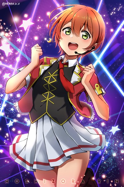 Anime picture 1653x2480 with love live! school idol project sunrise (studio) love live! hoshizora rin akane (akaneoekaki0928) single tall image looking at viewer blush fringe short hair open mouth hair between eyes green eyes signed :d pleated skirt orange hair character names twitter username