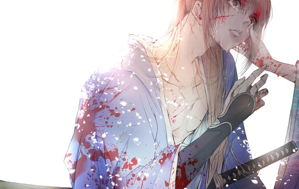 Anime picture 1926x1223 with rurouni kenshin himura kenshin kuroe (pixiv5268156) long hair highres blue eyes simple background brown hair white background traditional clothes head tilt japanese clothes grey eyes tears looking up solo focus blood on face bloody clothes injury blood stains