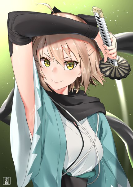 Anime picture 740x1035 with fate (series) fate/grand order koha-ace okita souji (fate) (all) okita souji (koha-ace) murio single tall image looking at viewer blush fringe short hair simple background blonde hair smile hair between eyes holding green eyes signed upper body