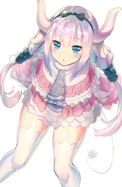 Anime picture 526x800 with kobayashi-san chi no maidragon kyoto animation kanna kamui yoshimoto (dear life) single long hair tall image looking at viewer blush simple background white background sitting twintails payot silver hair tail horn (horns) from above low twintails :<