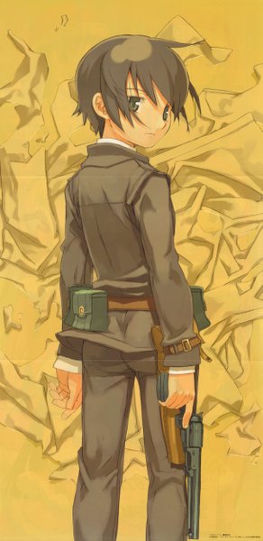 Anime picture 2434x5000 with kino no tabi kino (kino no tabi) single tall image highres short hair brown hair green eyes looking back from behind yellow background girl gun fanny pack