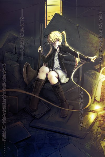 Anime picture 1000x1500 with original aruciii single long hair tall image fringe blonde hair sitting twintails hair over one eye girl dress ribbon (ribbons) weapon boots axe