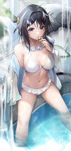 Anime picture 1879x3963 with arknights la pluma (arknights) la pluma (summer flowers) (arknights) tabayashi single tall image looking at viewer blush fringe highres short hair breasts light erotic black hair hair between eyes large breasts sitting holding brown eyes payot