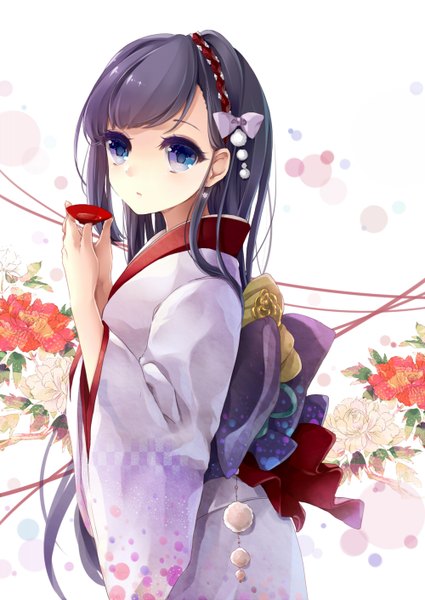 Anime picture 1000x1412 with original puracotte single long hair tall image looking at viewer standing purple eyes purple hair long sleeves traditional clothes japanese clothes wide sleeves floral print girl hair ornament bow earrings obi alcohol